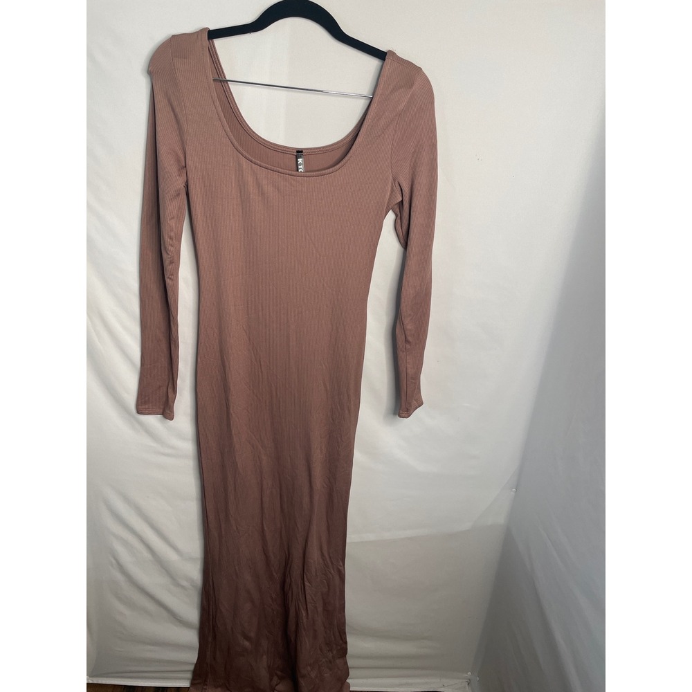 KTOO Long Sleeve Ribbed Maxi Dress Mauve Brown Scoop Neck Bodycon Large